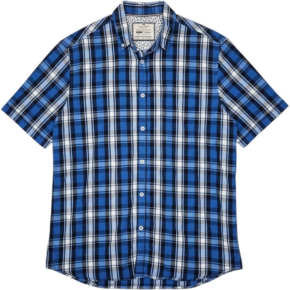 On The Road Mens Slim Fit Plaid Short Sleeve Button Down Shirt Blue XL 44/XL